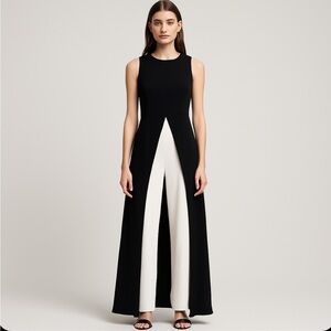Adrianna Papell Black White Overlay Jumpsuit Split Front Formal Pantsuit Size 12